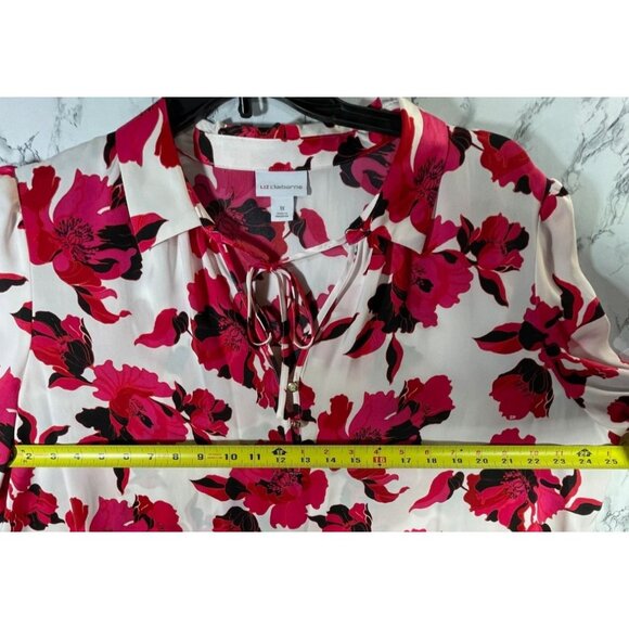 Liz Claiborne Womens Floral Print Blouse 1X Long Sleeve Pink Black Red Polyester - Picture 6 of 8